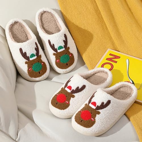 Christmas Slippers for Women & Men – Fluffy Reindeer, Santa, Cookie Man & Heart Motif – Warm Cozy Indoor Outdoor House Shoes, Anti-Slip, Perfect Xmas Gift