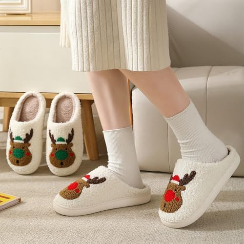 Christmas Slippers for Women & Men – Fluffy Reindeer, Santa, Cookie Man & Heart Motif – Warm Cozy Indoor Outdoor House Shoes, Anti-Slip, Perfect Xmas Gift