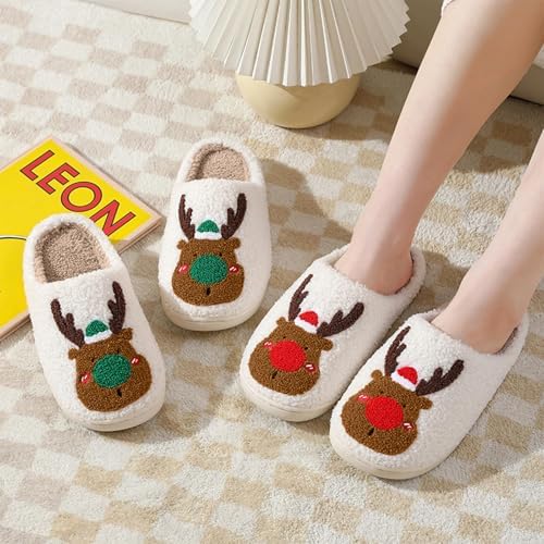 Christmas Slippers for Women & Men – Fluffy Reindeer, Santa, Cookie Man & Heart Motif – Warm Cozy Indoor Outdoor House Shoes, Anti-Slip, Perfect Xmas Gift