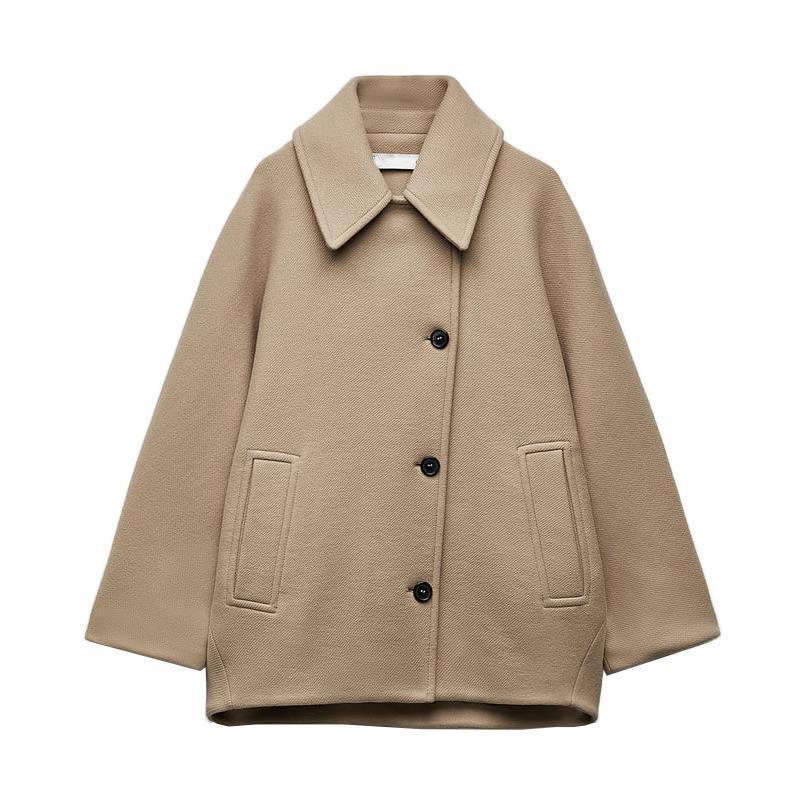 Autumn And Winter New Women's Lapel Oblique Breasted Warm Wool Blend Loose Short Coat
