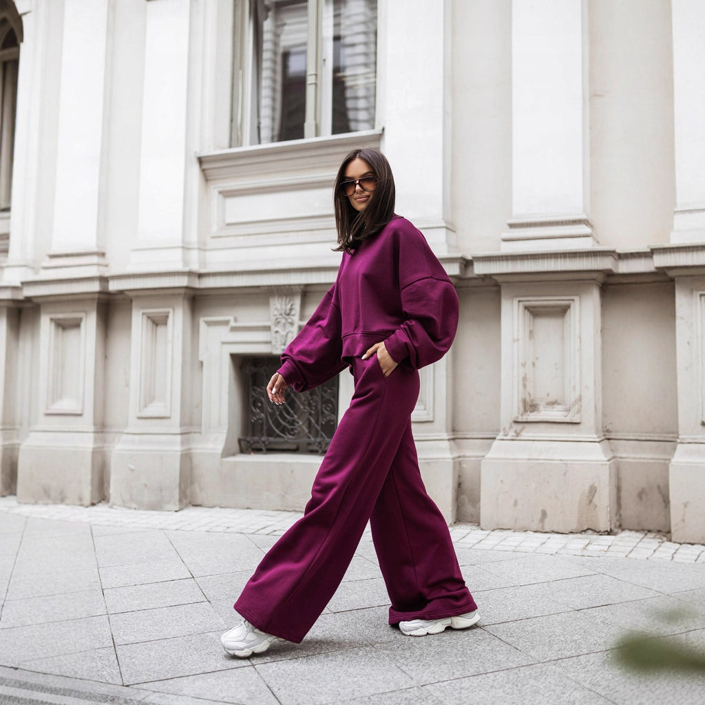 Autumn And Winter Round Neck Long Sleeve Wide Leg Pants Two-piece Set