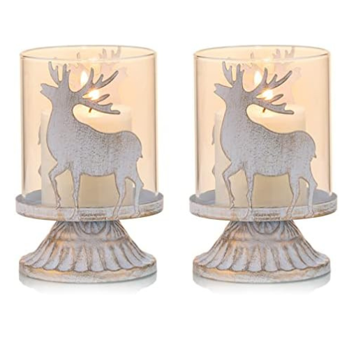 Vintage Metal Deer Candle Holders Set of 2 – Distressed Antique Christmas Centerpieces